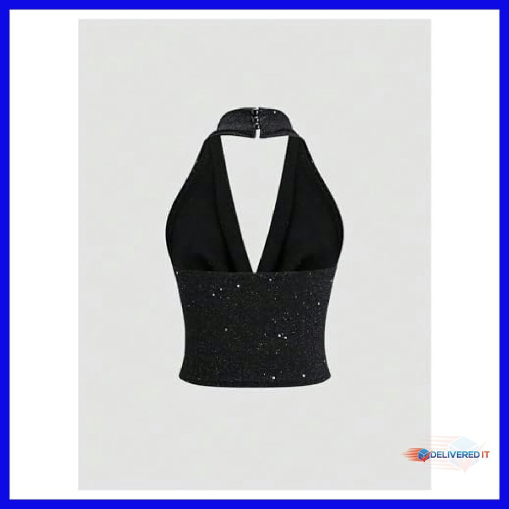 Sparkly Halter Crop Top Backless Sequin Party Clu… - image 3